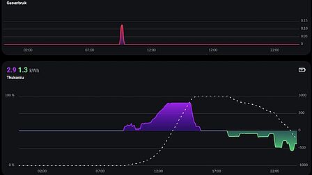 Een screenshot van de app met daarop pieken wanneer de warmtepomp aansloeg en de batterij oplaadde.